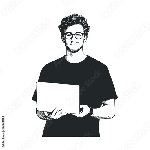Young caucasian male with glasses using laptop illustration