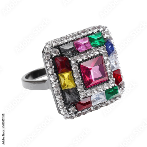 Colorful vintage ring with a variety of gemstones and rhinestones on a shiny silver band for fashion and accessory photography