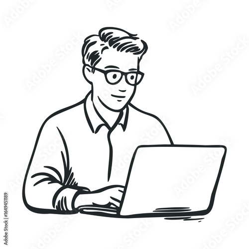 Young caucasian male working on laptop illustration