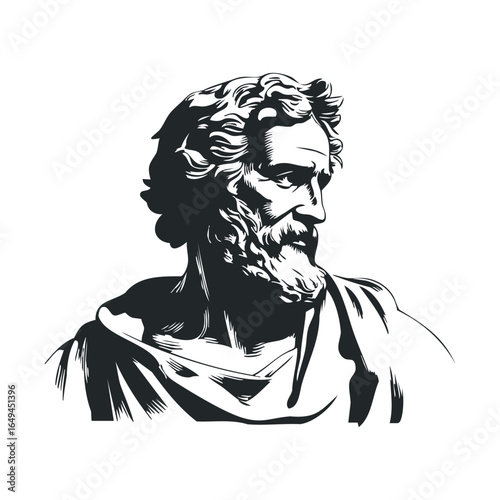 Classical statue illustration of bearded male figure in profile view