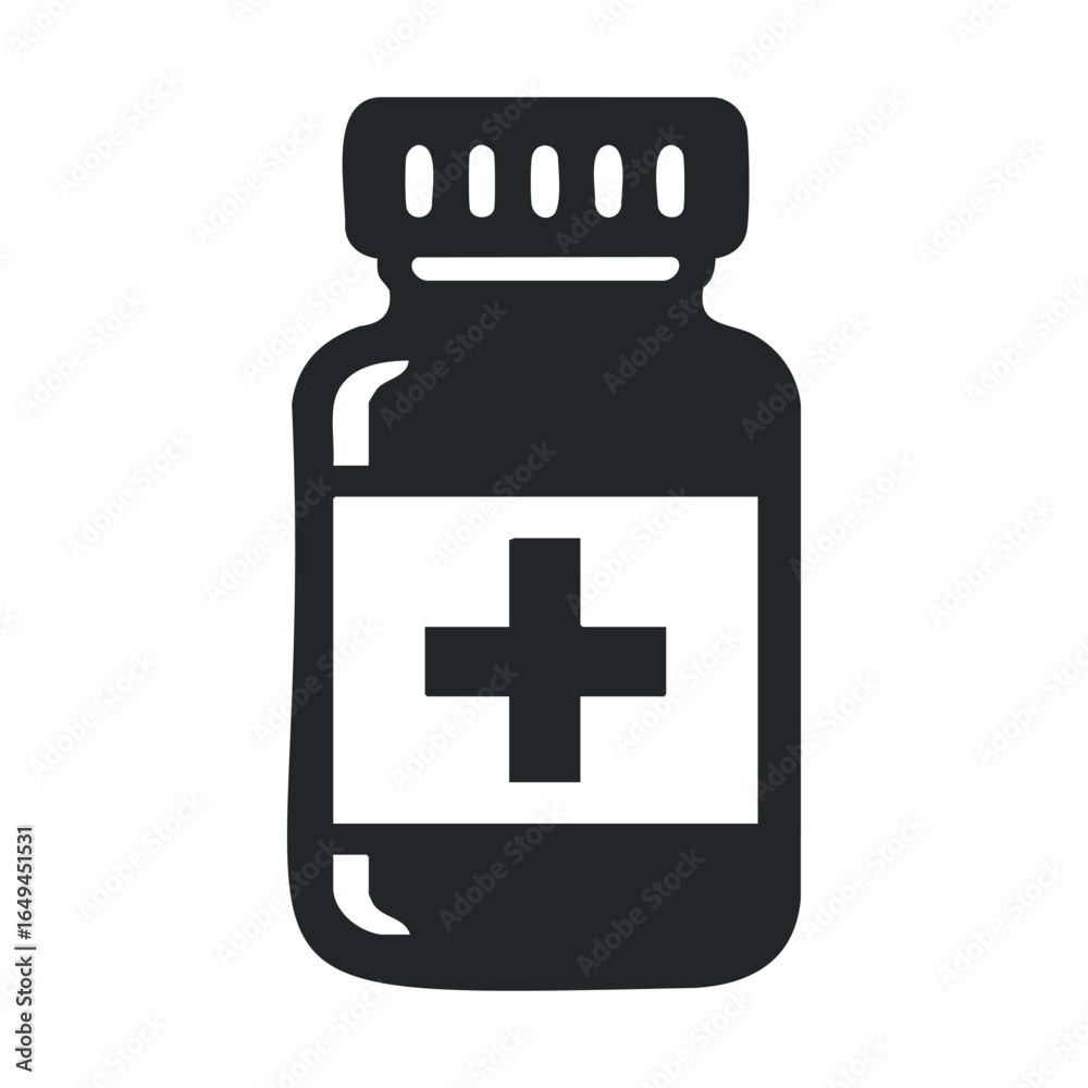 Black and white medicine bottle with cross icon on front