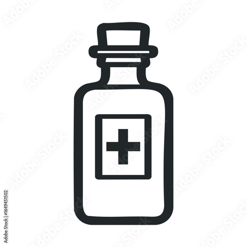 Simple black and white medicine bottle icon with plus symbol on label