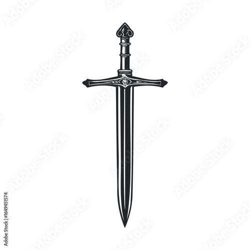 Intricate medieval sword design with ornate hilt on white background