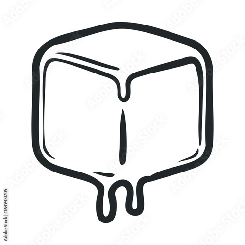 Melting ice cube line drawing: minimalist black and white illustration