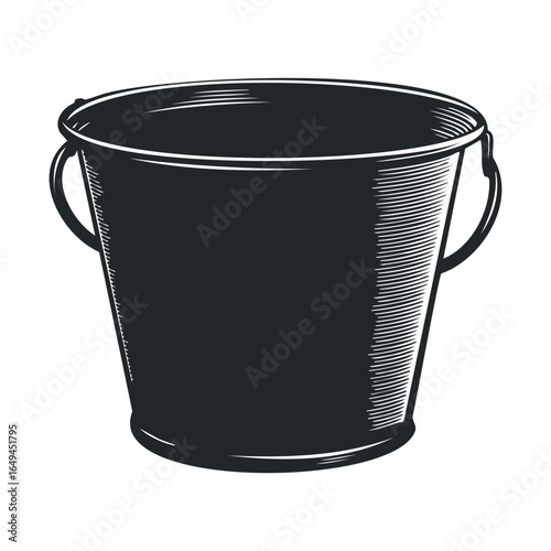 Monochrome vintage metal bucket illustration with handle