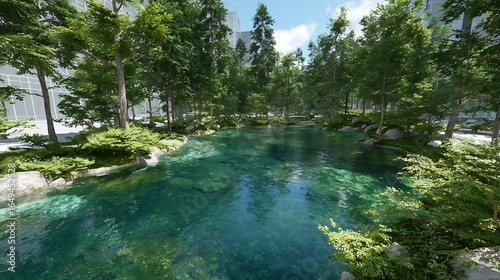 A scenic view of a clear pond surrounded by lush greenery and modern buildings in the background