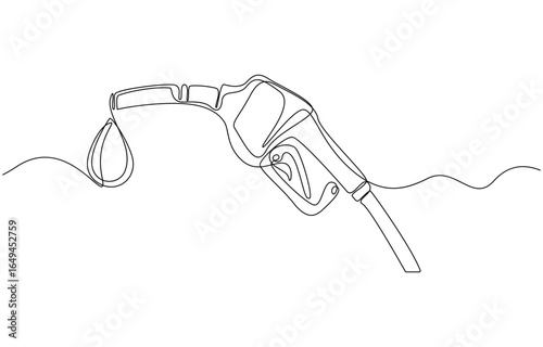 Refueling gas gun dispenser single continuous line art. Petrol industry business car diesel pump refuel headline, Gasoline pistol isolated on white background. One line continuous gasoline pistol art.
