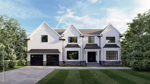 Obraz na płótnie Modern Luxury White Brick Farmhouse Exterior with Black Accents and Gables 3D Re
