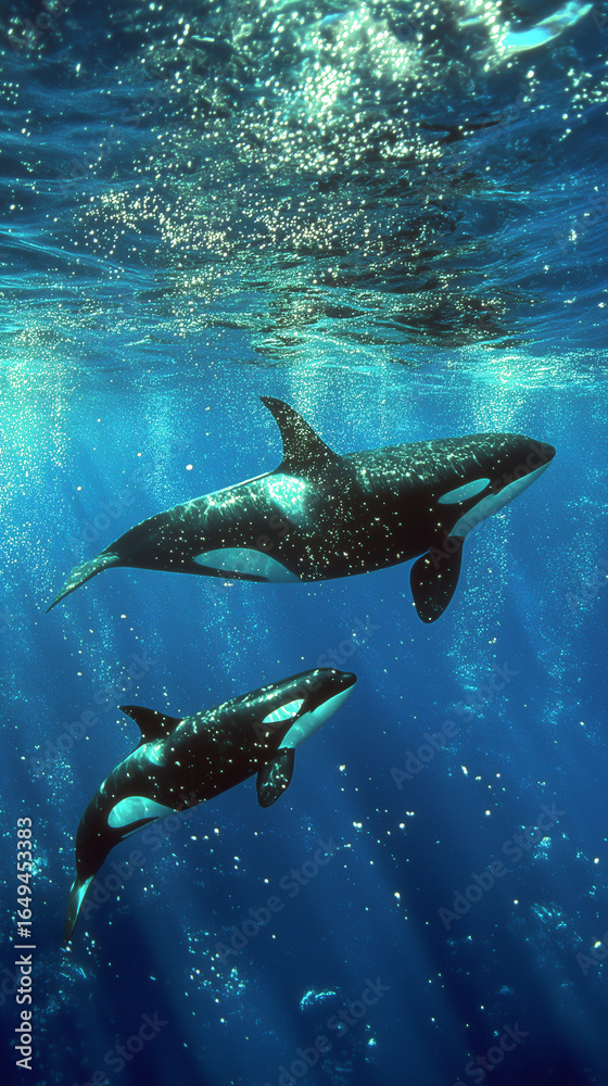Fototapeta premium two orcas, mother and calf, swimming gracefully underwater in crystal-clear blue ocean
