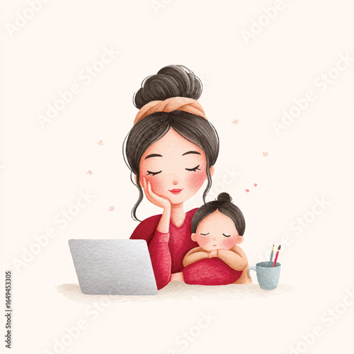 Watercolor illustration of a mother working from home with her sleeping child