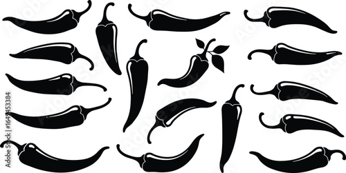 Black chili pepper silhouette collection, hot spicy vegetable vector set, cayenne and jalapeño shapes, food icons for cooking, Mexican cuisine art