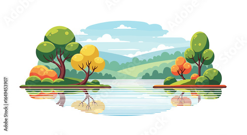Serene autumnal landscape featuring a calm lake reflecting colorful trees and rolling hills under a partly cloudy sky.
