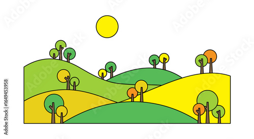 Colorful hills and trees in a simple landscape illustration, showcasing autumnal colors.