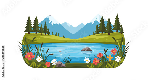 Serene mountain lake scene with lush greenery, wildflowers, and snow-capped peaks reflecting tranquility.
