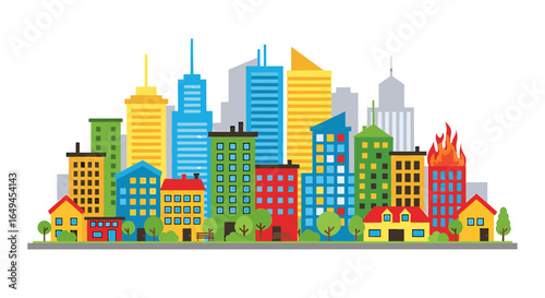 Colorful cartoon cityscape with a burning building, showcasing urban architecture.