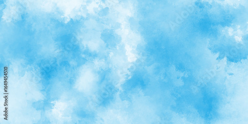 Blue pastel sky with white fluffy cloud cumulus clouds background, colorful bright ink blue and white watercolor texture, hand painted abstract soft sky blue watercolor sky and clouds.