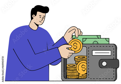A man carefully manages money in a wallet, symbolizing financial planning. Modern, flat illustration style. Focus on a positive, approachable image.