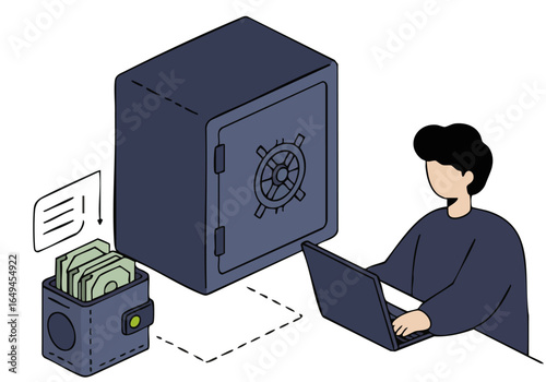 A man oversees secure finances via laptop, connected to a wallet. Modern, digital security concept. Clean, minimalist illustration.