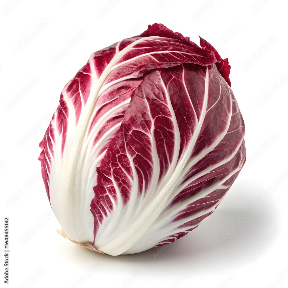 Obraz premium Early Chioggia Radicchio Compact Italian Chicory with Round Burgundy Leaves and Crisp White Veins on Bright White Background for Gourmet Botanical Beauty and Culinary Tradition