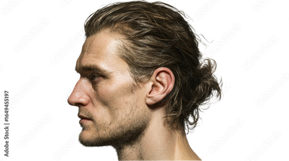 Obraz premium Profile portrait of a man with blond hair in a bun and stubble, cut out transparent