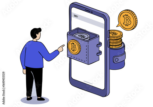 A man verifies a cryptocurrency wallet on his smartphone. Coins and Bitcoin icons surround the screen, illustrating digital finance. Modern, clean illustration.