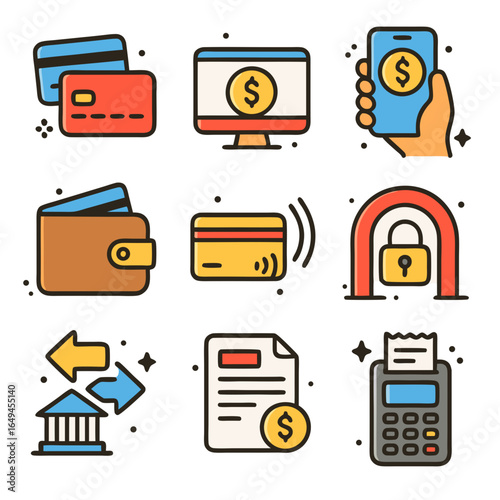 Flat vector icon set of finance and payment concepts including credit cards, wallets, mobile payments, banking, security, and transactions. Ideal for apps, websites, and infographics