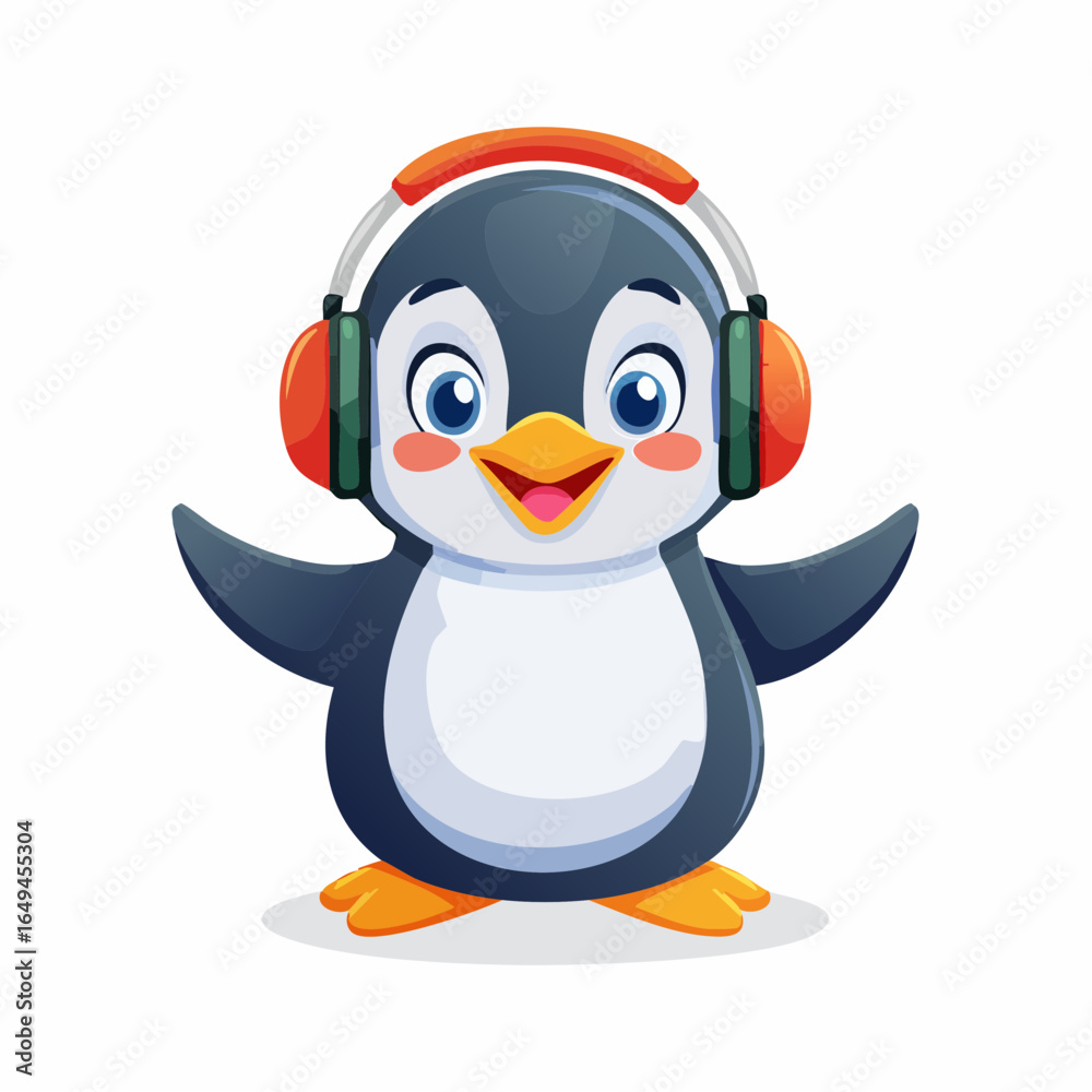Obraz premium A cheerful animated penguin enjoying music through modern headphones, radiating happiness and a playful spirit with an expressive, delightful cartoon style.