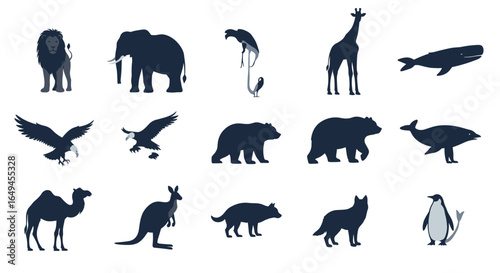 Silhouette illustration featuring a diverse collection of animals including mammals and birds in dark blue