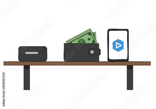 A modern desk setup featuring a wallet, cash, and smartphone. Clean, minimalist design with a focus on financial technology. Suitable for business and lifestyle themes.