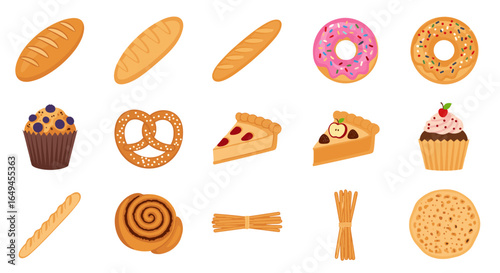 Illustration of various baked goods including bread, donuts, pies, cupcakes, and a pretzel on white background