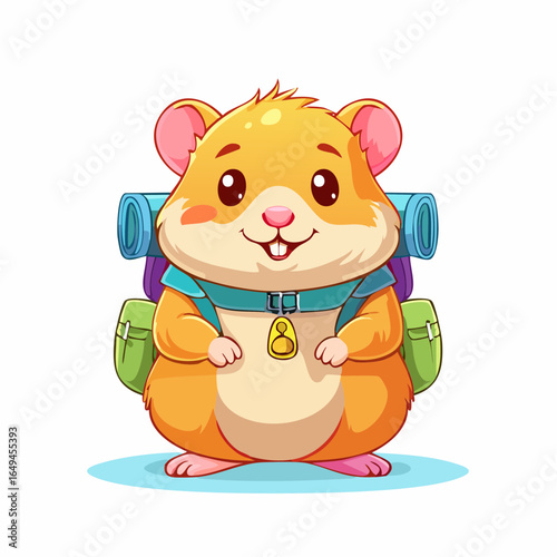 Charming cartoon illustration of a happy hamster traveler equipped with a backpack, symbolizing exploration and joy, ideal for kid-friendly content
