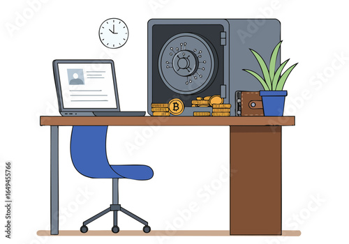 Secure desk setup with laptop, Bitcoin, and cash. A modern, professional workspace evokes trust and financial security. Flat illustration style.