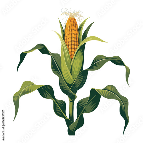 Vintage Corn Plant Illustration, Detailed Maize with Silk and Green Leaves, vector design