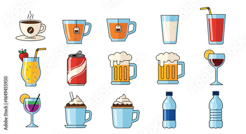 Illustration of various beverages including coffee, tea, juice, soda, beer, wine, and water bottles