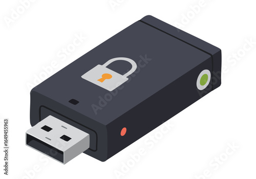 A sleek, dark secure wallet USB drive with a padlock icon. Modern, minimalist design. Ideal for digital security concepts and technology illustrations.