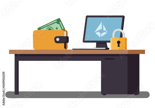 A stylized desktop scene featuring a wallet, computer, and money. Secure and modern design, perfect for finance or business concepts. Flat illustration style.