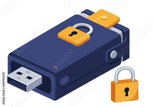 A stylized illustration of a wallet lock with a USB drive, secured with a padlock. Modern, graphic design, secure data, digital protection. Suitable for tech, finance, and security themes.