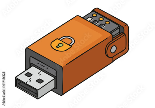 A stylized illustration of a secure wallet USB drive, featuring a lock icon. Modern, orange and brown color palette. Clean, graphic design. Suitable for tech and security themes.