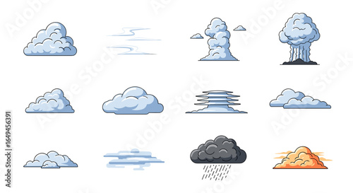Collection of pixel art clouds showing different formations and weather conditions in various styles