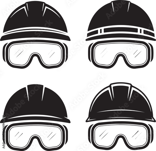 Four black hard hats with safety goggles in different styles safety helmet construction helmet