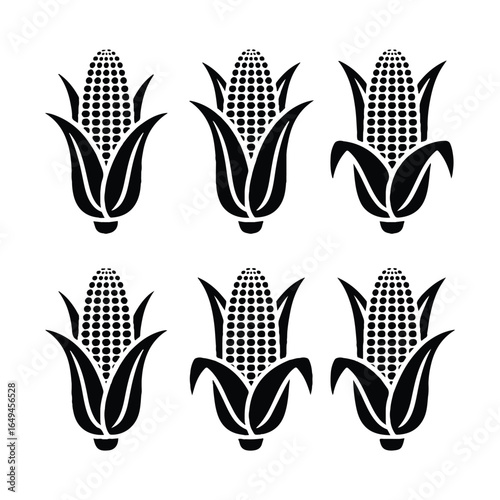 Corn Cob Silhouette Vector Set, Black Maize Icons with Husks Isolated on White, vector design