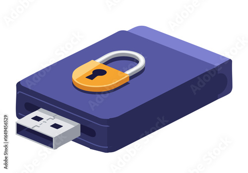 A stylized isometric illustration of a wallet lock with a USB drive, symbolizing digital security. Modern, blue and gray tones. Ideal for finance, technology, and security concepts.
