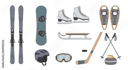 Collection of winter sports equipment including skis snowboard skates and curling stone illustration