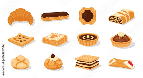 Illustration of assorted pastries including croissant, eclair, tart, baklava and other sweet treats