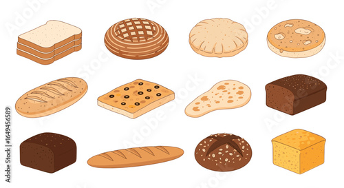 Isometric view of twelve different types of bread including loafs rolls and flatbreads on a white background