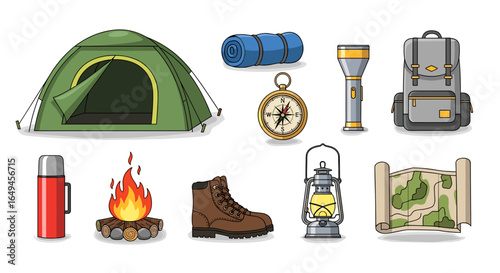 Illustration of camping equipment including a tent, backpack, compass, and other outdoor supplies