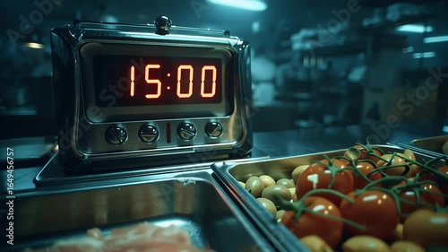 Dimly Lit Kitchen with Digital Clock at 1500 Fresh Tomatoes and Ingredients Displayed