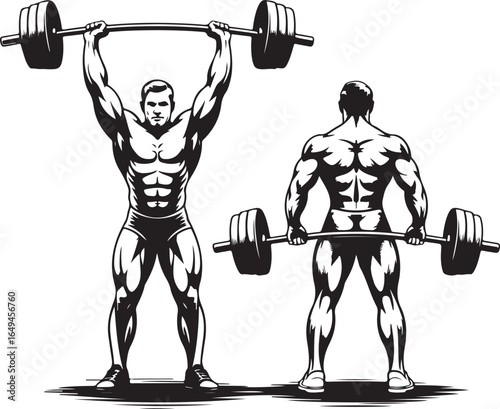 Muscular man lifting barbell and standing with barbell on white background weightlifting bodybuilding