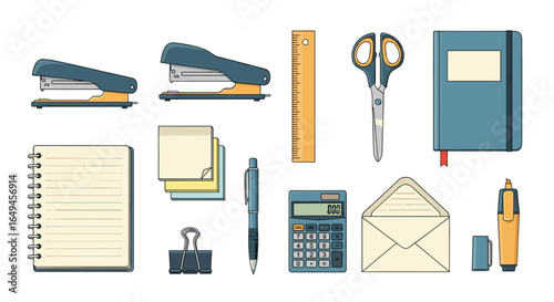 Illustration of office supplies including staplers notebook calculator and writing instruments displayed
