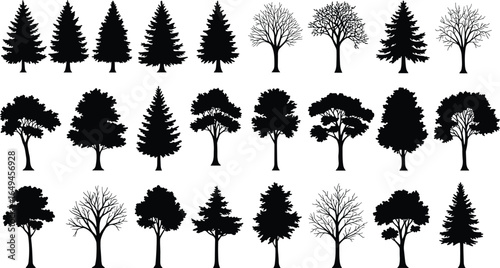 Diverse collection of black tree silhouettes including pine, leafy, bare, tall, and bushy trees arranged in rows on white